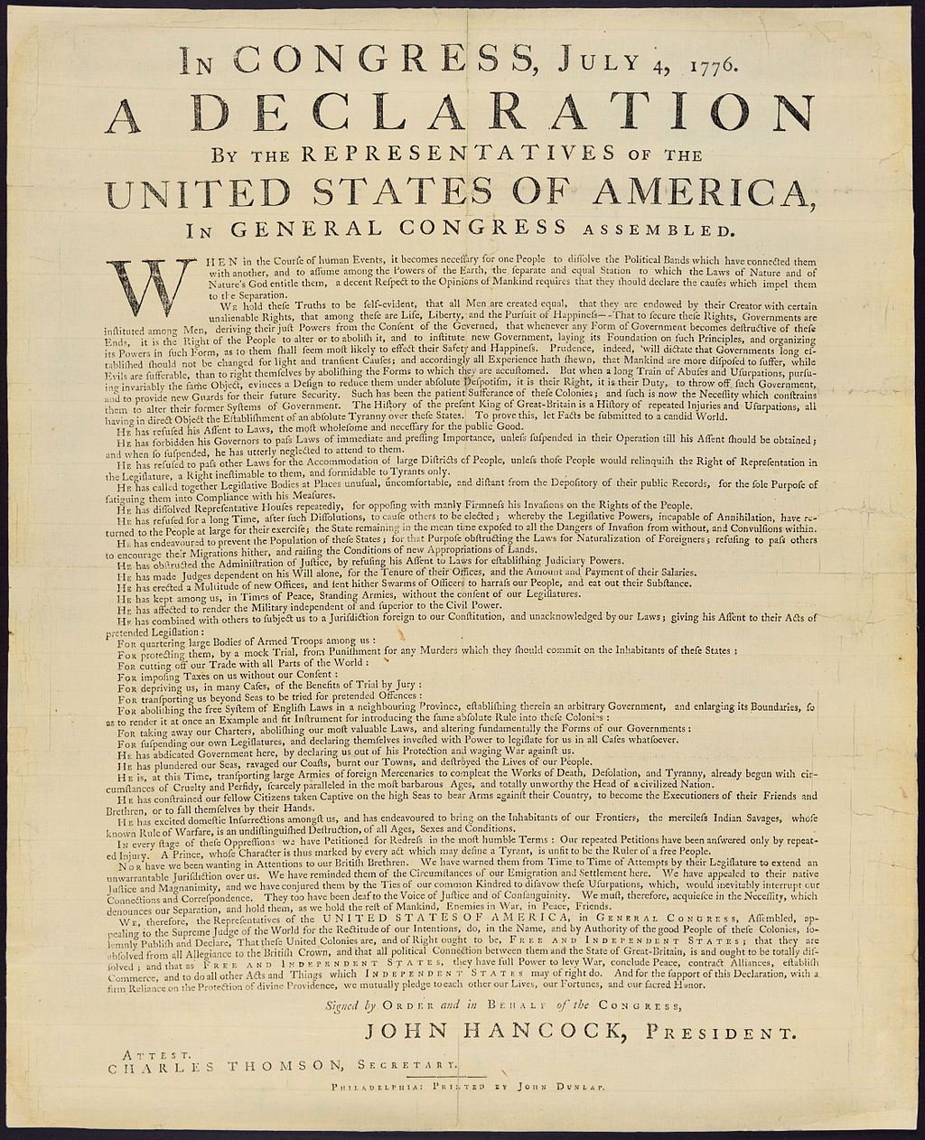 the printed version of the Declaration of Independence