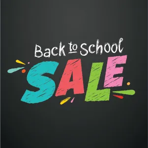 Colorful text that reads "Back to school sale"