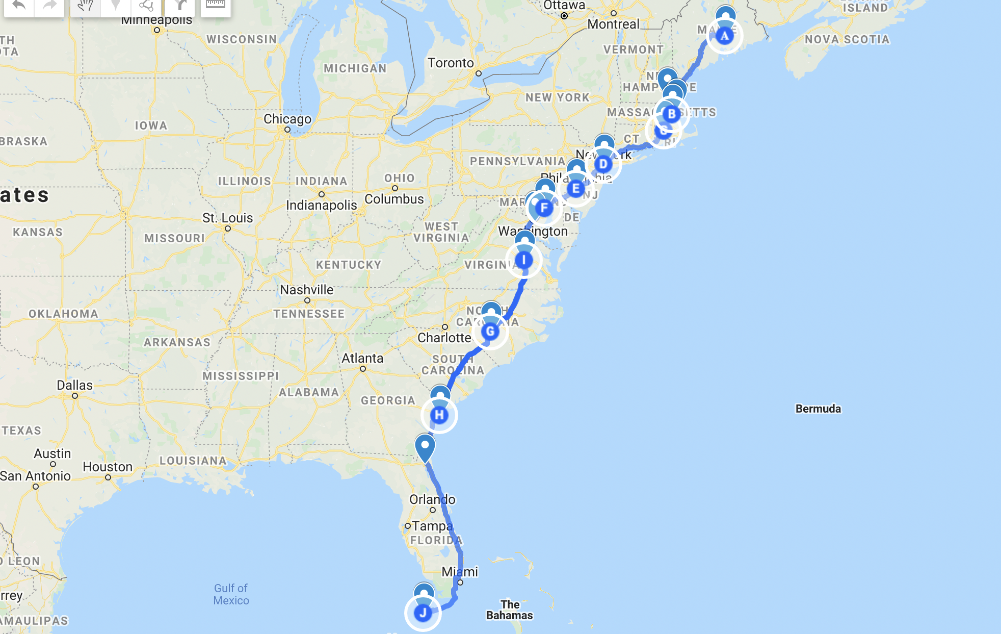 I-95 coastal full road trip map from bangor maine to key west florida