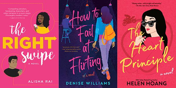 Illustrated romance covers: The Right Swipe, How to Fail at Flirting, and The Heart Principle