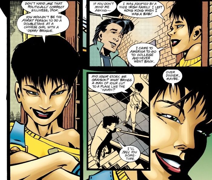 From Nightwing #7. Bridget Clancy and Dick Grayson chat. She explains how she came to America and suggests they meet for dinner sometime.