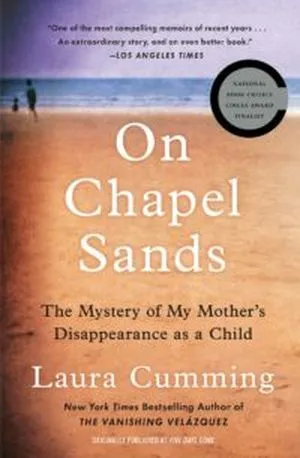 Book cover for On Chapel Sands, showing a long expanse of sand leading to a blue sea. On the left, a man and small child linger in silhouette, heading away as though to leave the cover itself.