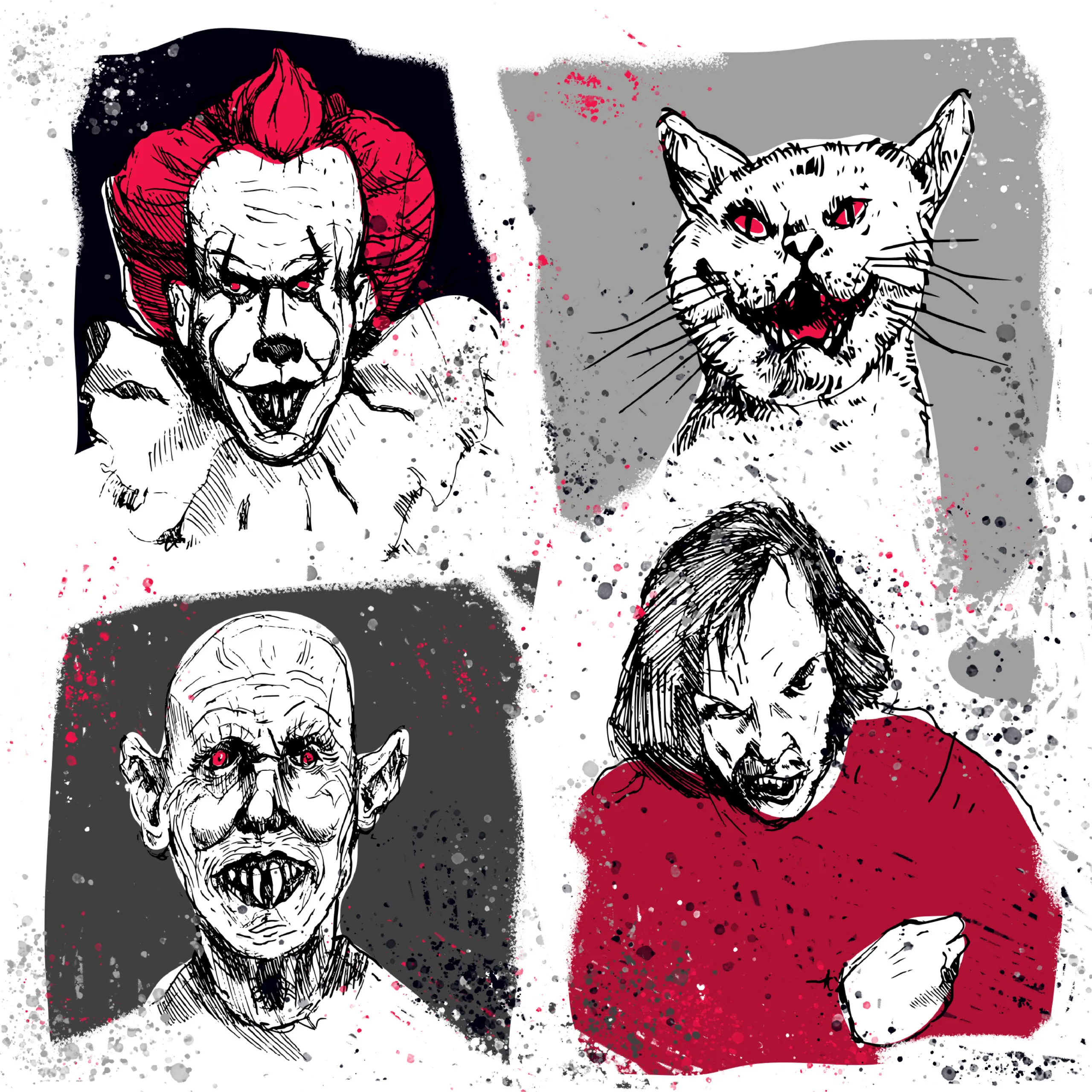 Creepy artwork of 4 Stephen King characters, including Pennywise