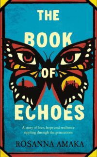 Book cover for The Book of Echoes, showing a blue background and false gilt corners on a red border. The central image is an illustrated butterfly with eyes.