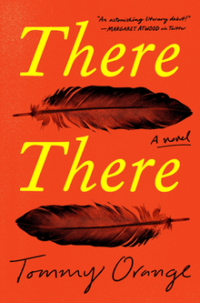 Book cover for There Therem showing a bright orange background with the title in yellow. There are two black watercolour feathers, one underneath each word of the title.