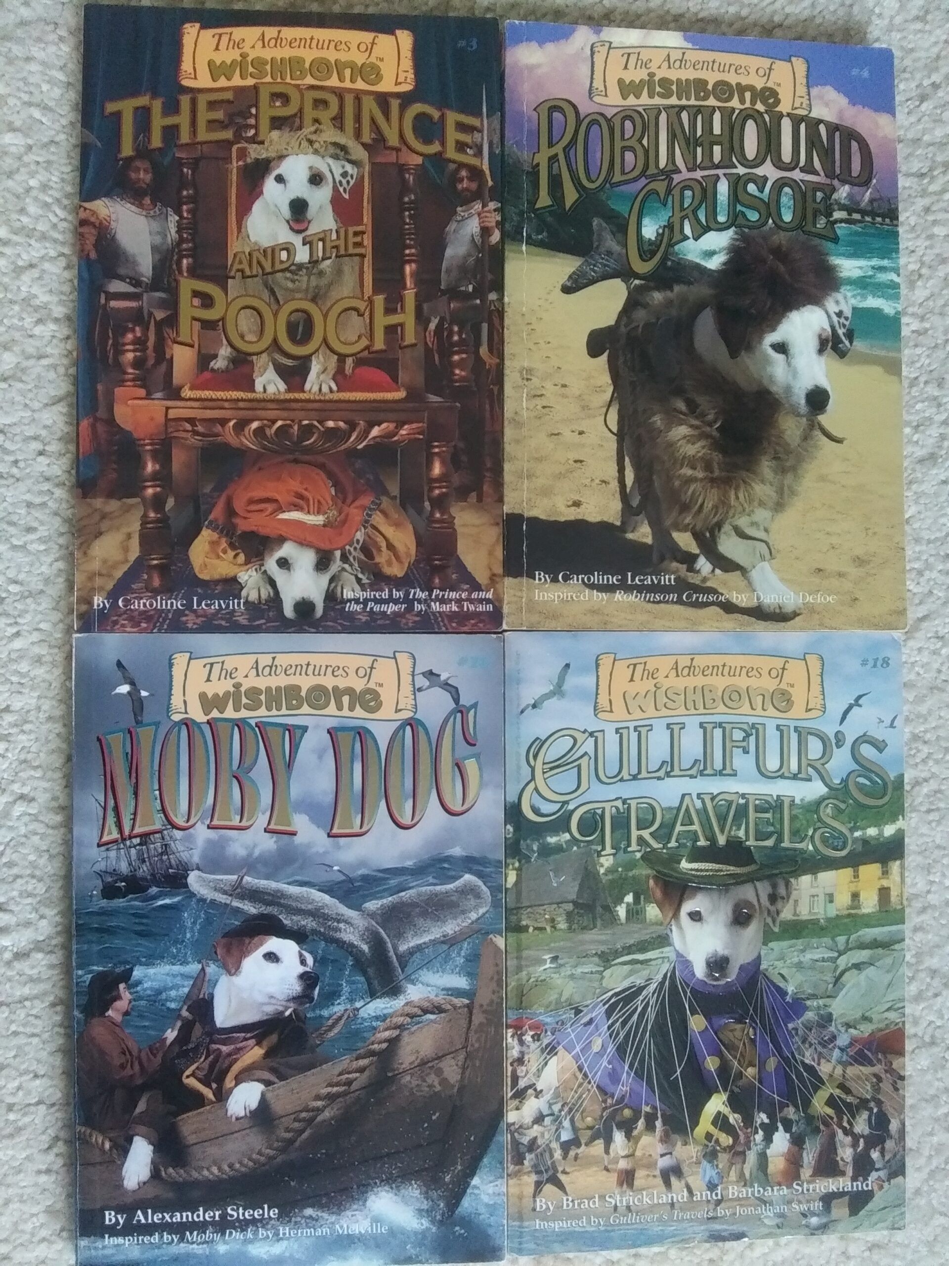 Author photos of four books in the "Adventures of Wishbone" series: The Prince and the Pooch, Robinhound Crusoe, Moby Dog, and Gullifur's Travels
