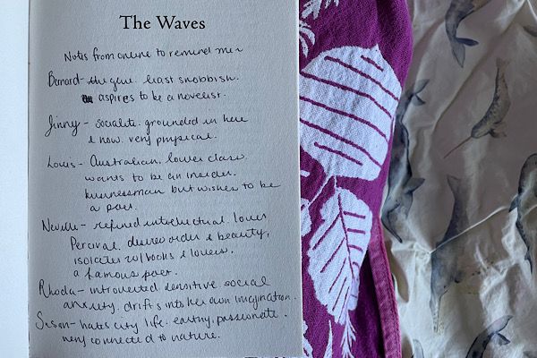 A close-up of a page of notes on the front page of The Waves by Virginia Woolf. It lists the main characters of the book and their main descriptors and attributes.