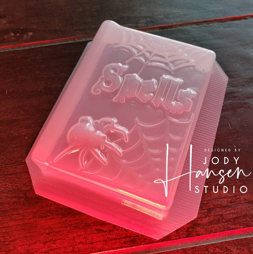 image of a transparent book mold with a spider and spiderweb 