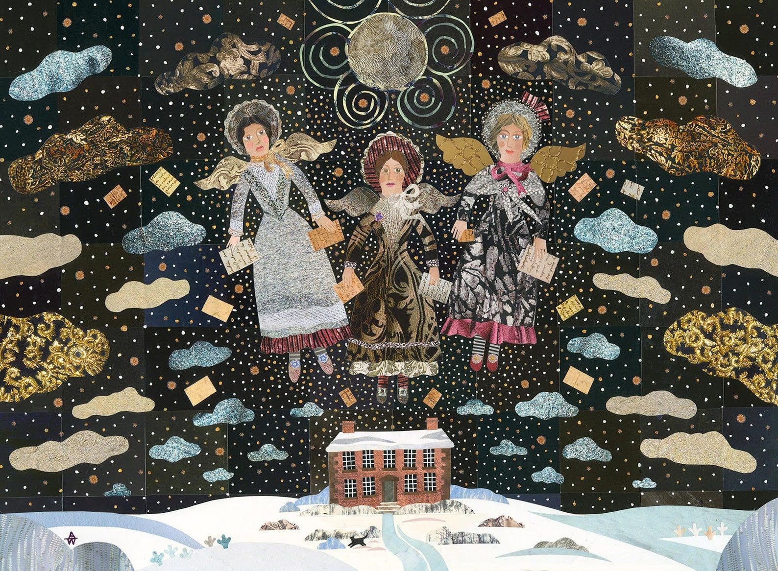 A dark starry sky depicting the Bronte sisters as angels and their works floating about their parsonage home at wintertime, done in beautiful blacks, browns, and blues collage style.