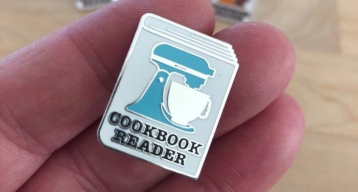 cookbook reader enamel pin