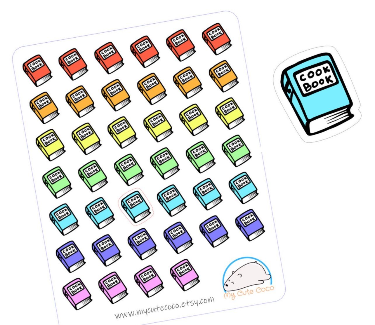 Rainbow colored sticker sheet. Each sticker is a tiny cookbook which reads "cook book."