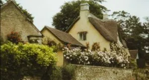 image of an English countryside cottage with flowers and greenery