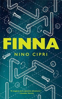 book cover of Finna by Nino Cipri: line drawings of several bolts, screws, washers, and wrenches against a dark blue green background