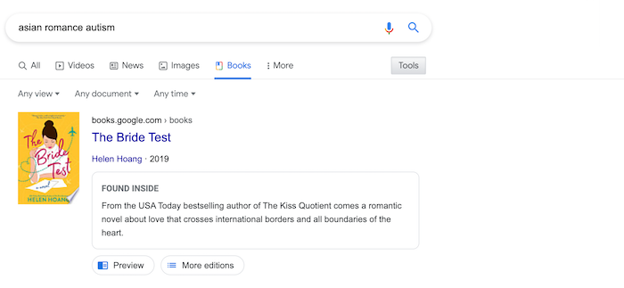 screenshot of google search of Asian autistic romance with The Bride Test as a result