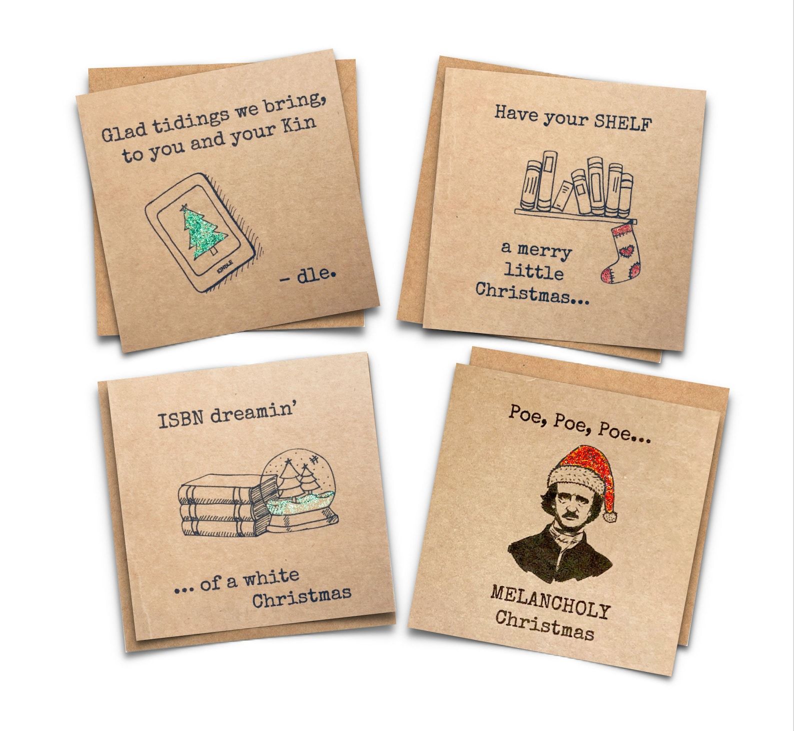 Four square craft paper cards with the following puns: Galt tidings we bring to you and your Kin-dle, Have Your Shelf a Merry Little Christmas, ISBN dreaming of a White Christmas, and Poe, Poe, Poe Melancholy Christmas.