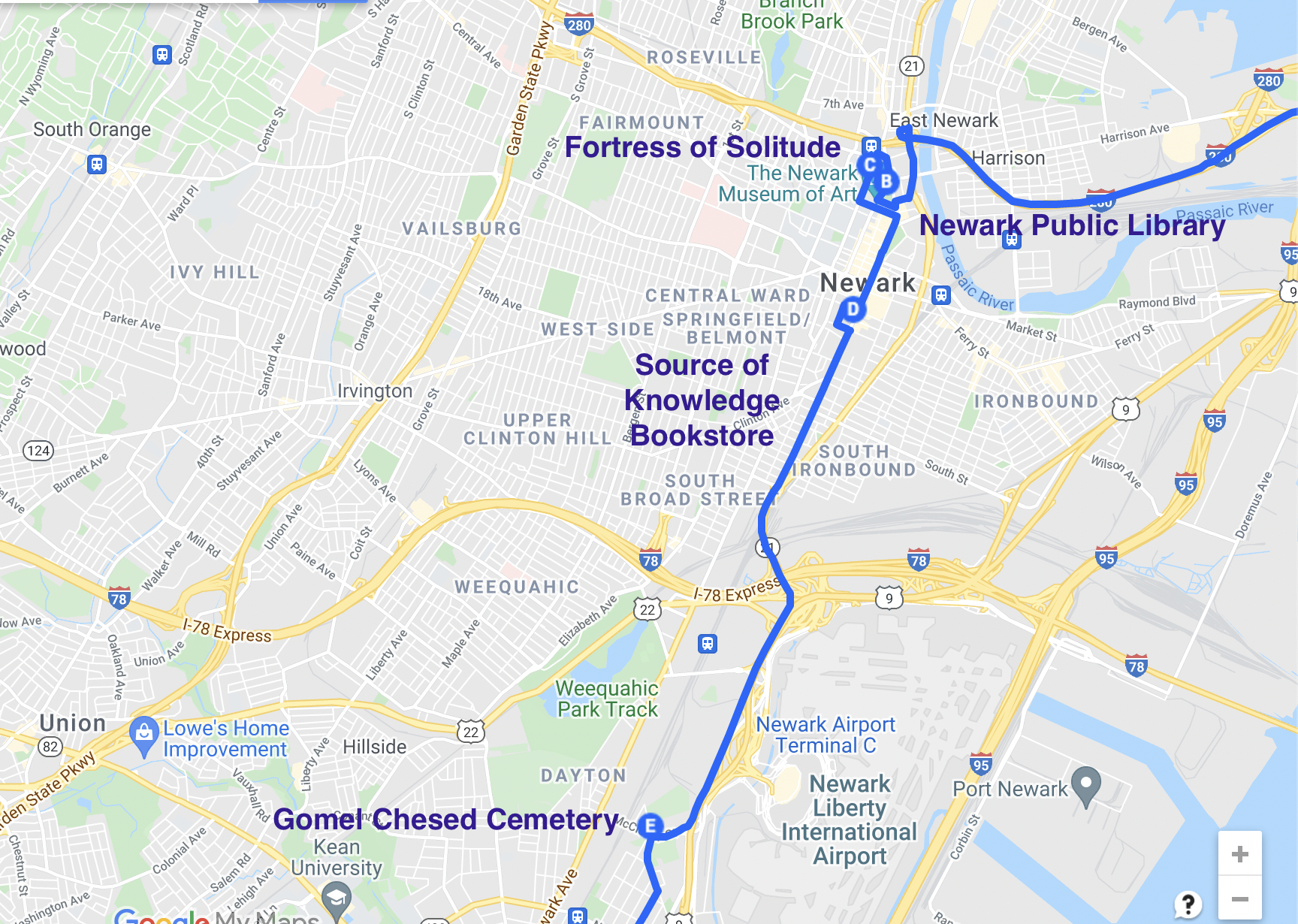 road trip map of literary destinations in newark new jersey
