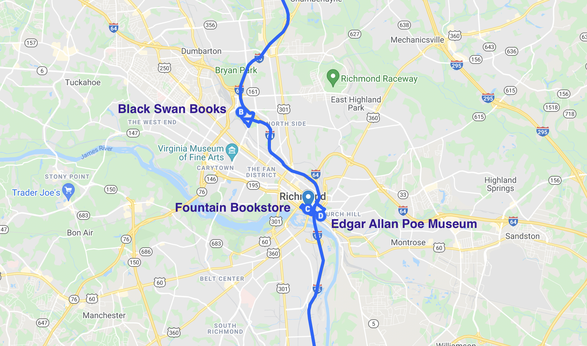 road trip map of literary spots in richmond virginia