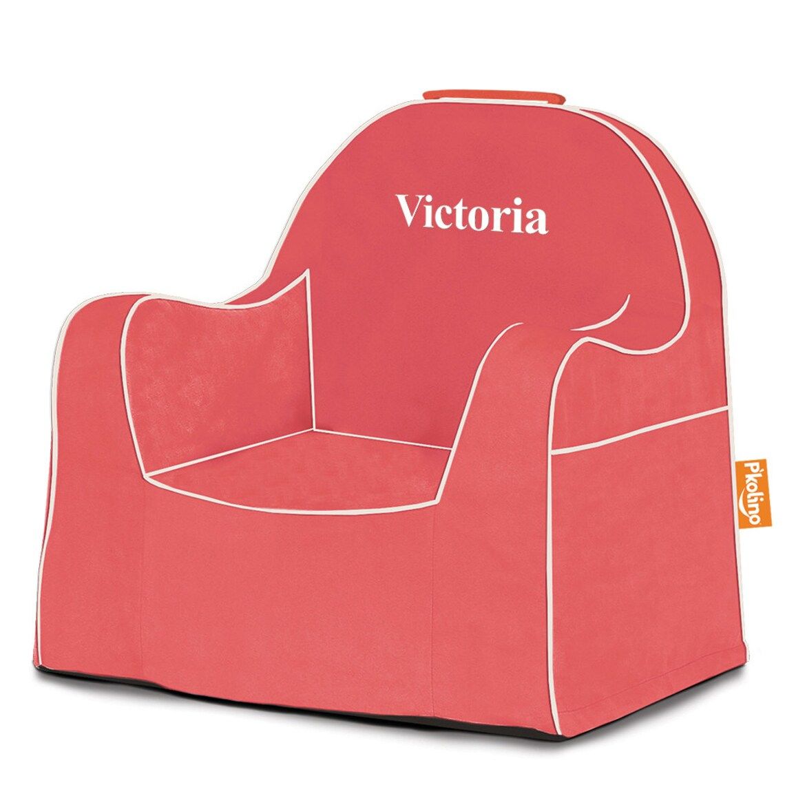 coral kid chair with white piping and Victoria embroidered on headrest