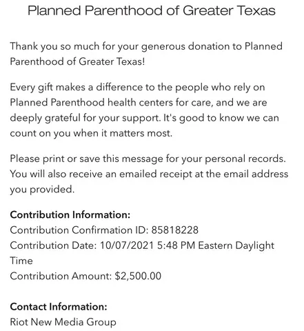 receipt of $2500 donation from Book Riot to Planned Parenthood of Greater Texas