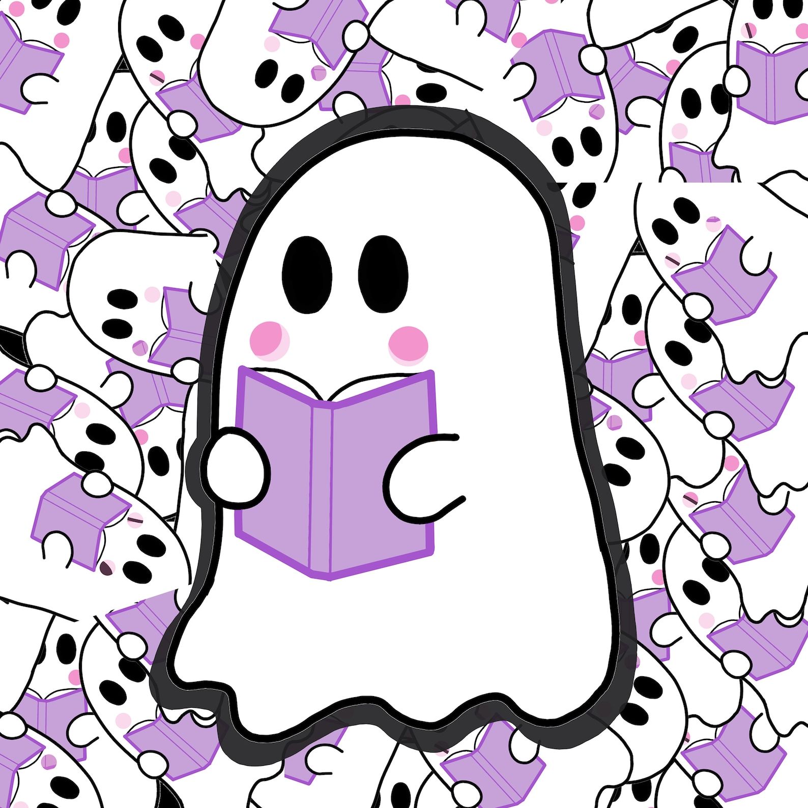 A stick of a small white ghost reading a purple book