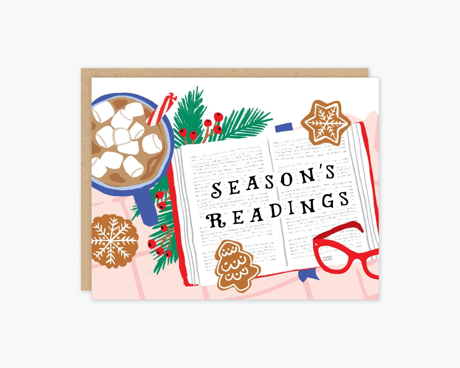 A card with a painting of an open book that reads "Season's Readings" surrounded by a cup of hot cocoa, gingerbread cookies, and a sprig of greens and holly.