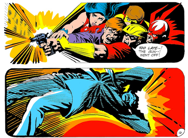 Two panels from Teen Titans #25.
Panel 1: An angry protestor fires a gun while Wonder Girl, Kid Flash, Speedy, and Hawk try to subdue him.
Speedy: Too late - ! The gun - ! Went off!
Panel 2: Dr. Swenson falls over, clearly hit.