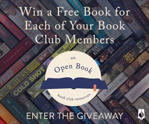 White text reads "Win a Free Book for Each of Your Book Club Members" over the logo for An Open Book. Text on the bottom of the image reads "Enter the giveaway."