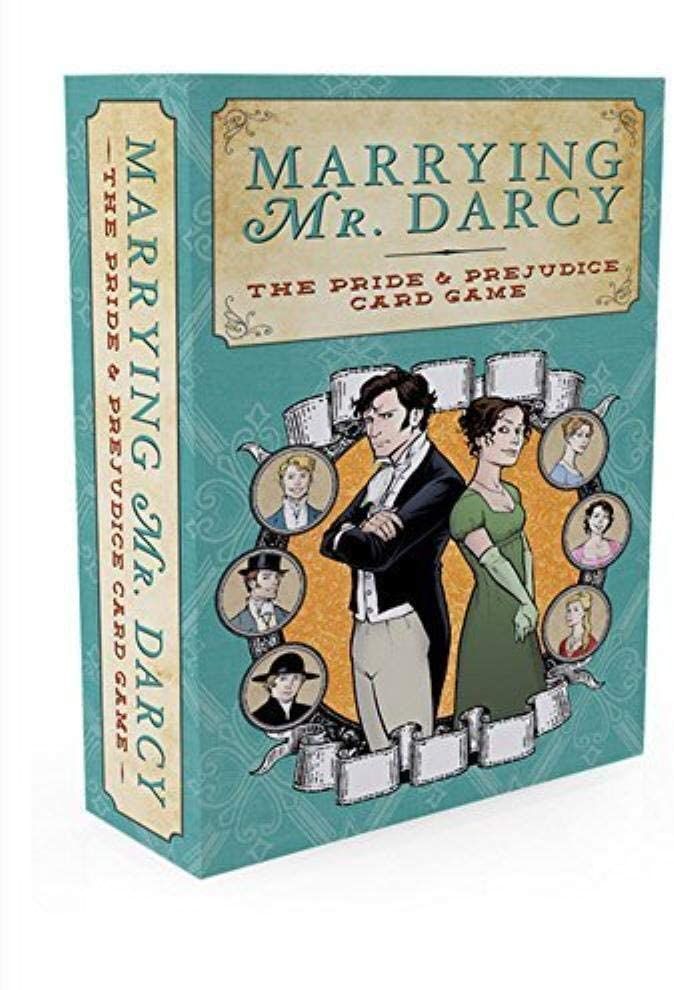 Blue board game box with illustrations of scowling Pride and Prejudice characters. 