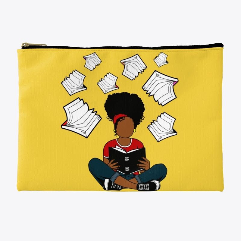 Small yellow accessory pouch with girl sitting and reading.