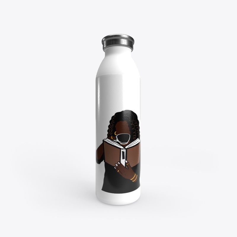 White water bottle with person drinking a hot beverage and reading a book.