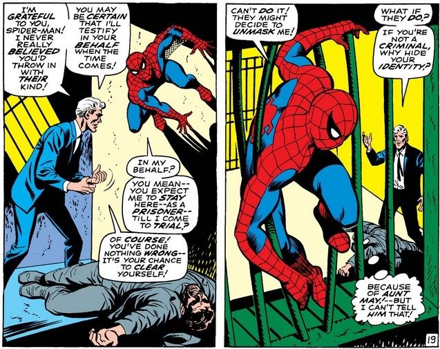 From Amazing Spider-Man #65. George Stacy promises to testify on Spider-Man's behalf. Spider-Man says he's not sticking around for a trial because he doesn't want to be unmasked.
