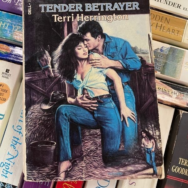 couverture d'un livre intitulé Tender Betrayer, qui présente un couple dans une étreinte sous le regard d'un cheval mais aussi une petite version de la femme dans le coin de la couverture