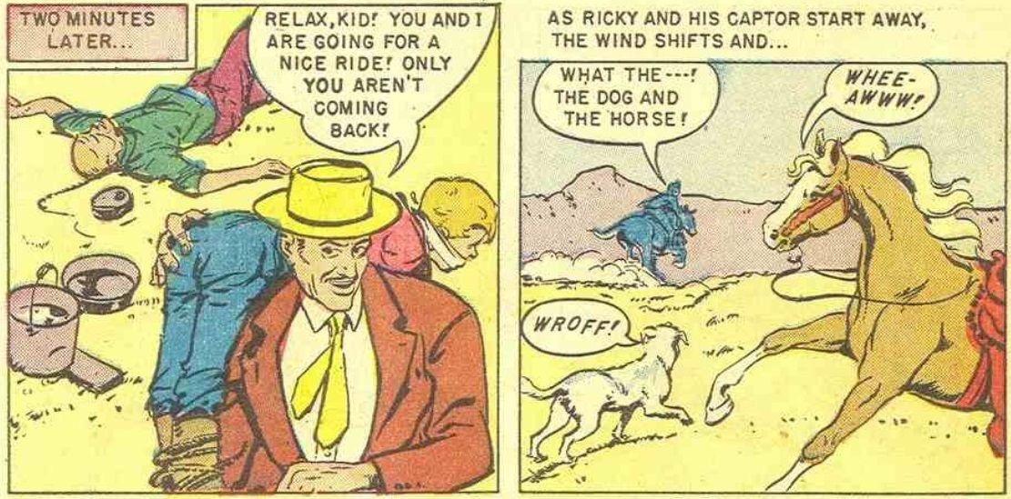 From Gene Autry's Champion #13. A man carries a tied-up Ricky over his shoulder and tries to kidnap him on horseback. Champion and Rebel run to the rescue.