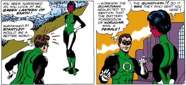 From Green Lantern #30. Hal Jordan reacts with surprise upon discovering that the Green Lantern of Korugar is a woman, Katma Tui. Katma Tui is unfazed.