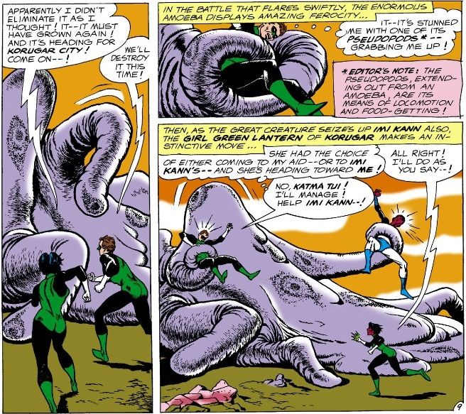 From Green Lantern #30. A giant amoeba grabs Green Lantern and Imi Kann. Katma Tui goes to rescue Green Lantern first.