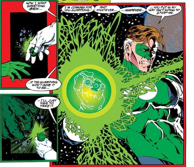 From Green Lantern #49. Hal Jordan, having killed his fellow Corps members, steals their rings and pledges to destroy the Guardians.