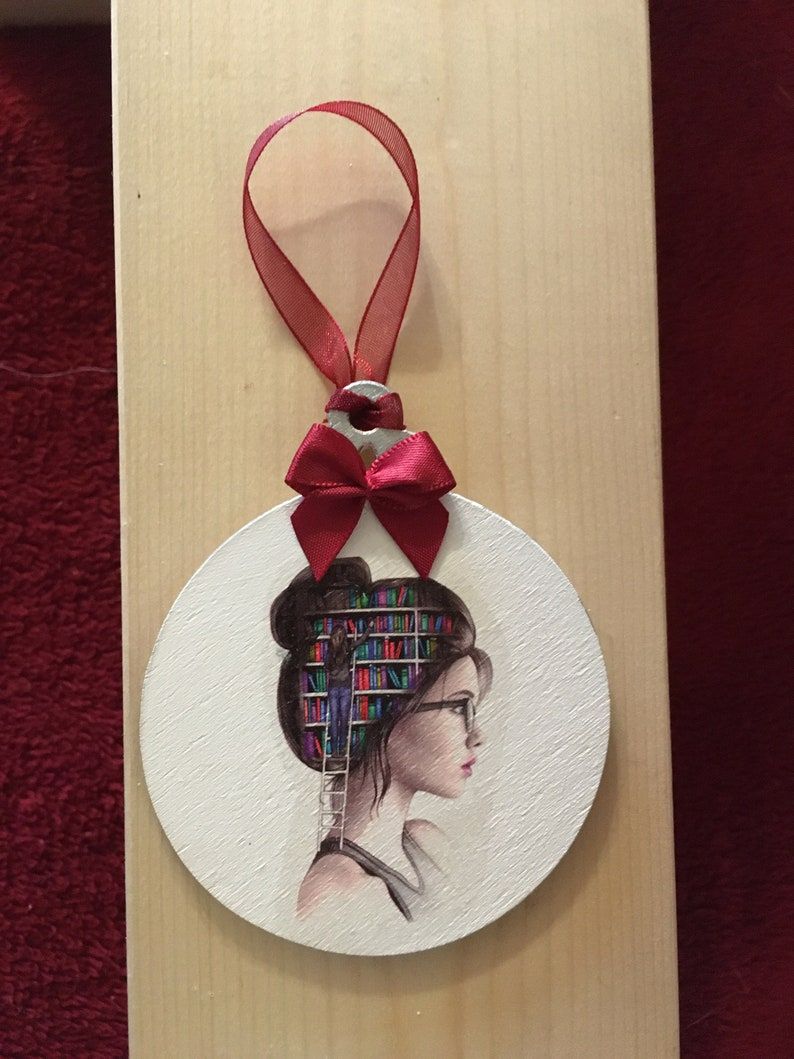 Head full of books illustrated bookish ornament