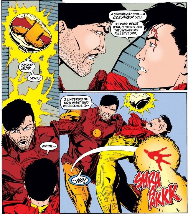 From Iron Man #325. Iron Man unmasks his armored opponent. He is horrified and angered to realize it is his younger self.