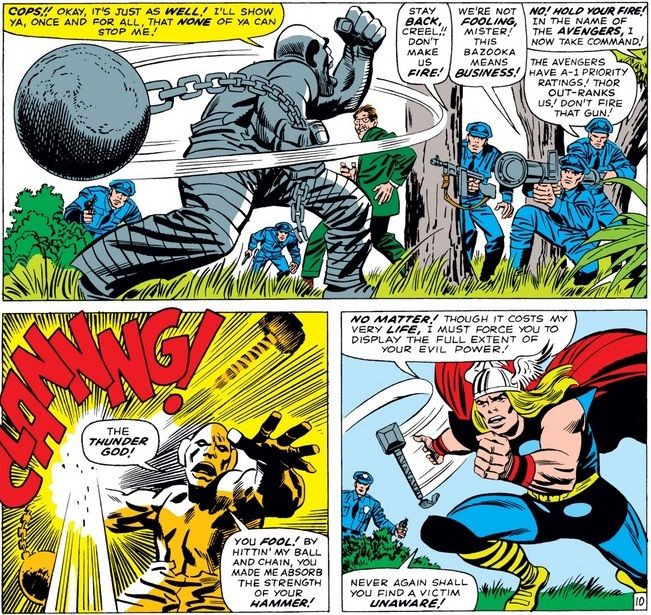 From Journey into Mystery #115. A group of armed policemen face off against Absorbing Man. Thor intervenes, attacking the villain first.