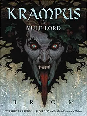 cover of Krampus: The Yule Lord by Brom, featuring illustration of scary Krampus face surrounded by snow