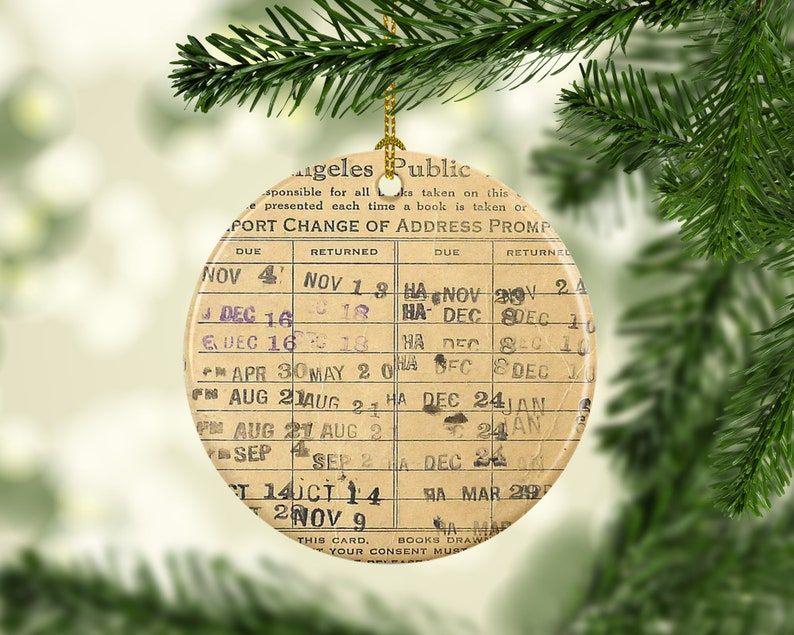 Stamped library card bookish ornament