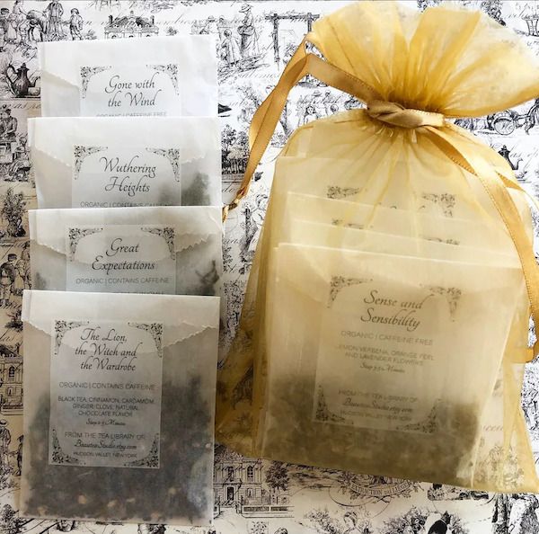 image of tea bags named labeled with classic book titles like Great Expectations