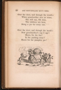 New England Boy's Songbook page showing a song about going home for pumpkin pie