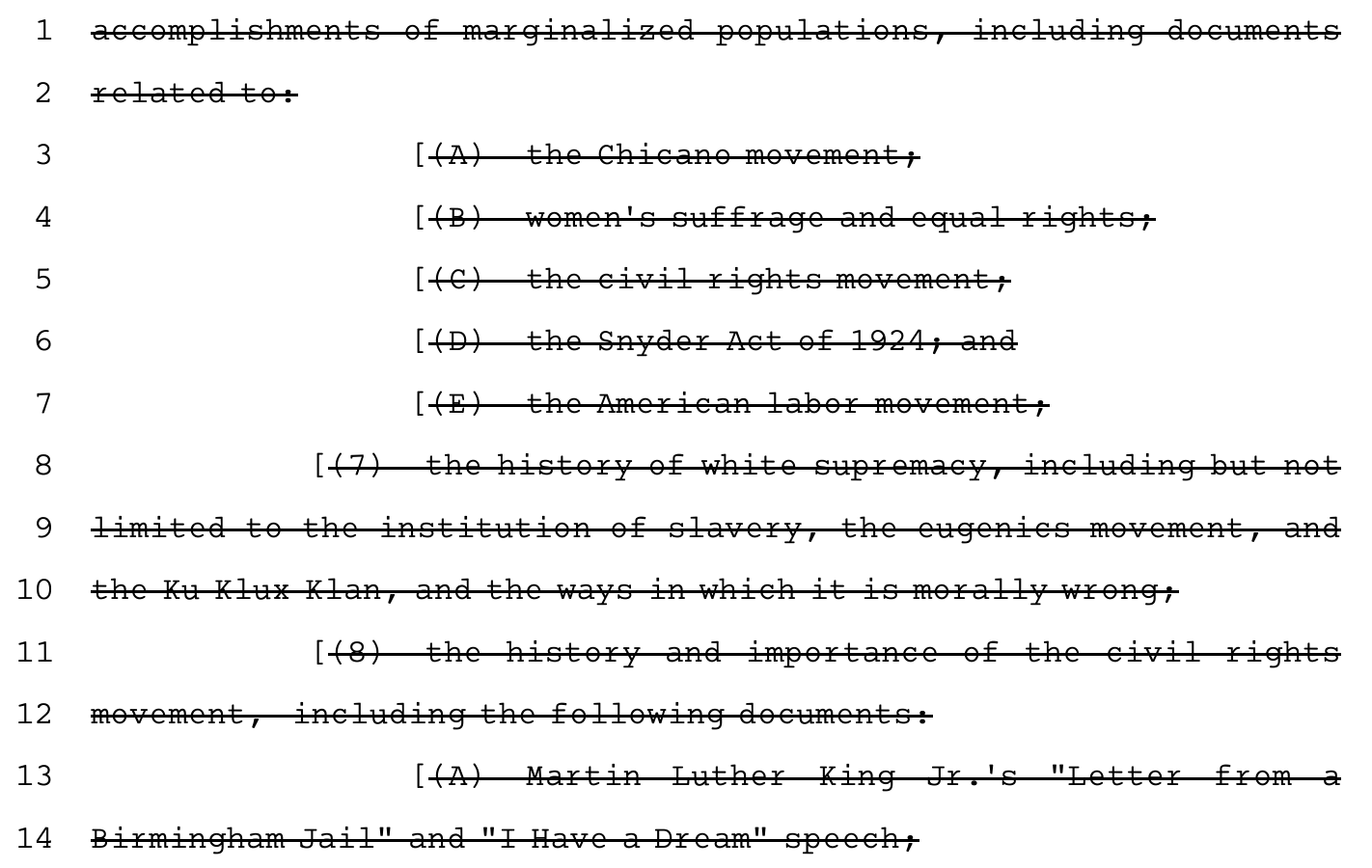 Screenshot of Texas Senate Bill 3, showing paragraphs being crossed out, including the Chicano movement, women's suffrage, and the history of white supremacy.