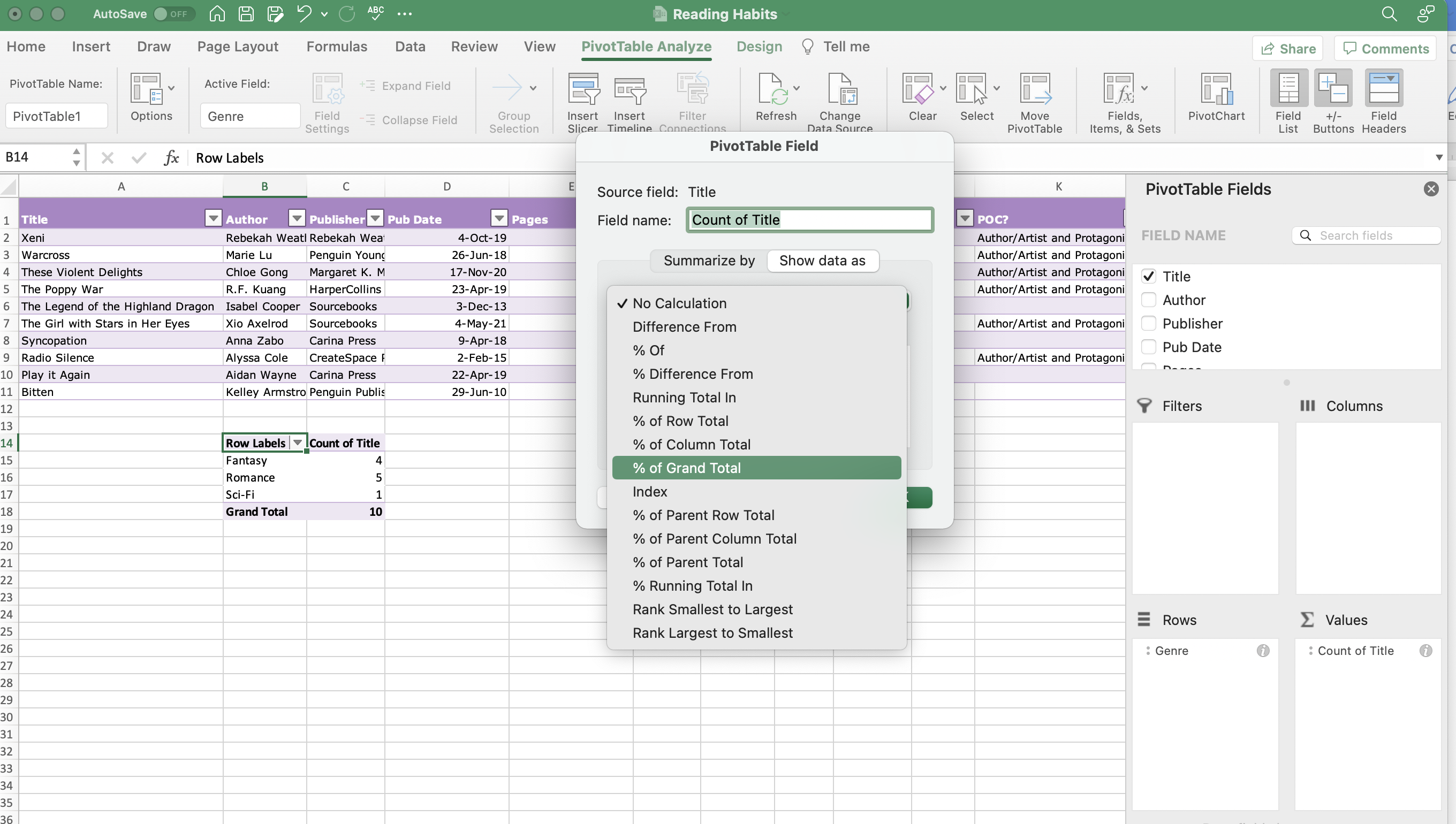 Habitudes de lecture Tableau croisé dynamique Excel Étape 2