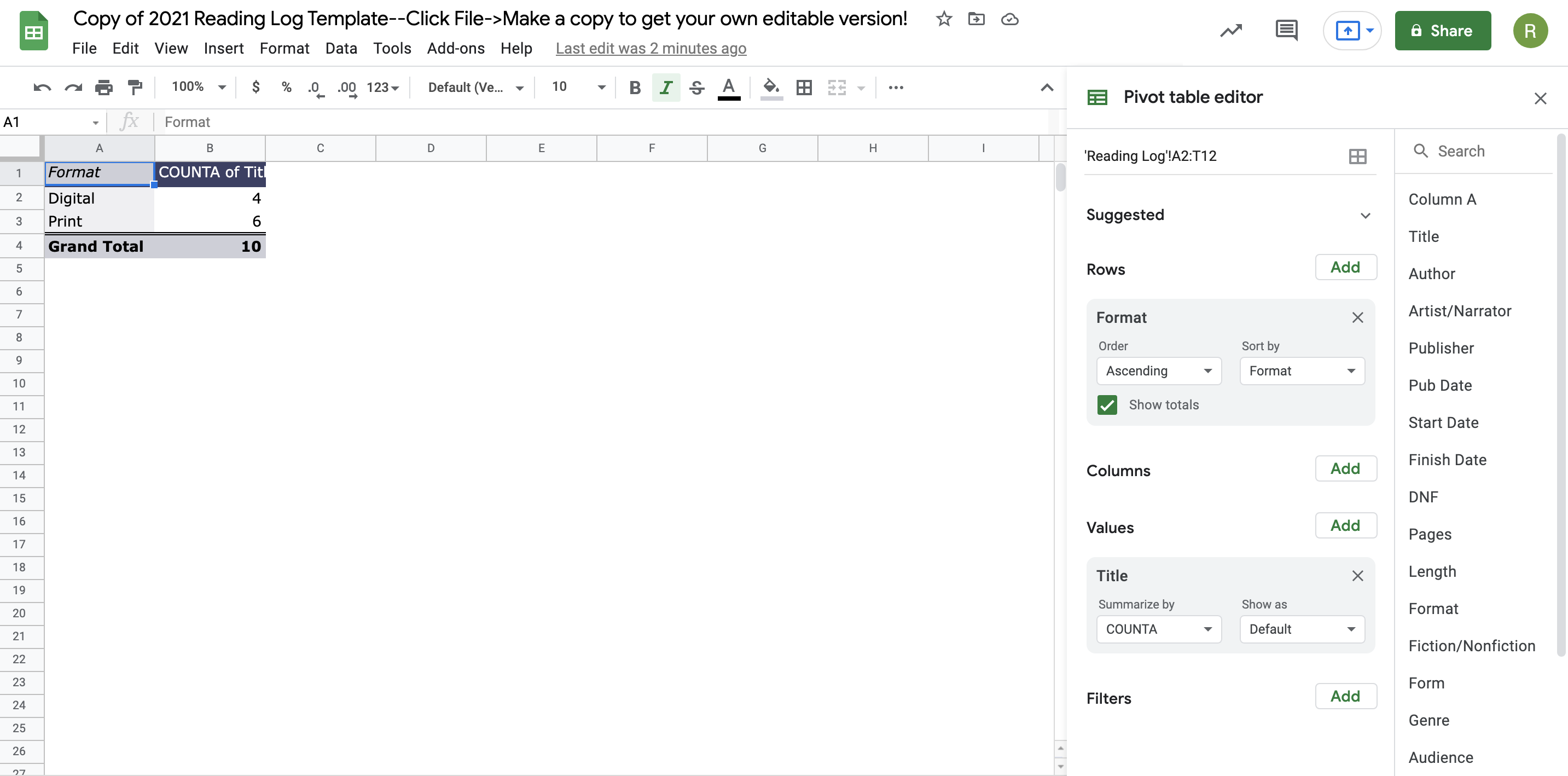 Book Riot Sheets Pivot Table Step 2