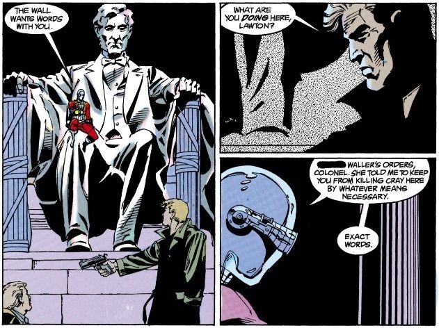 De Suicide Squad #22.  Deadshot est assis sur la statue de Lincoln au Lincoln Memorial et dit à Flag qu'il est là pour l'empêcher de tirer sur le sénateur Cray.