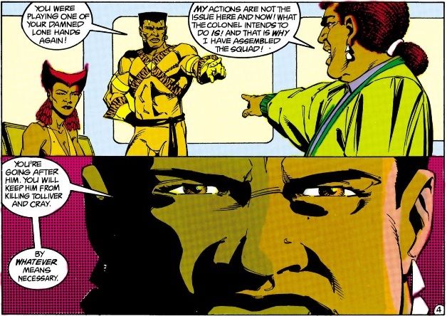 From Suicide Squad #22. Bronze Tiger calls out Amanda Waller for keeping secrets. She tells him to focus on stopping Rick Flag at all costs.