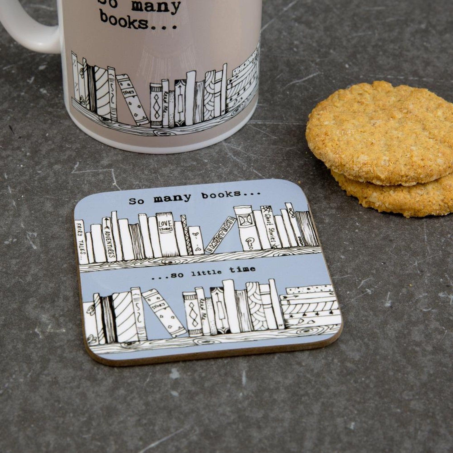 Coaster showing two bookshelves and the words "so many books... so little time"