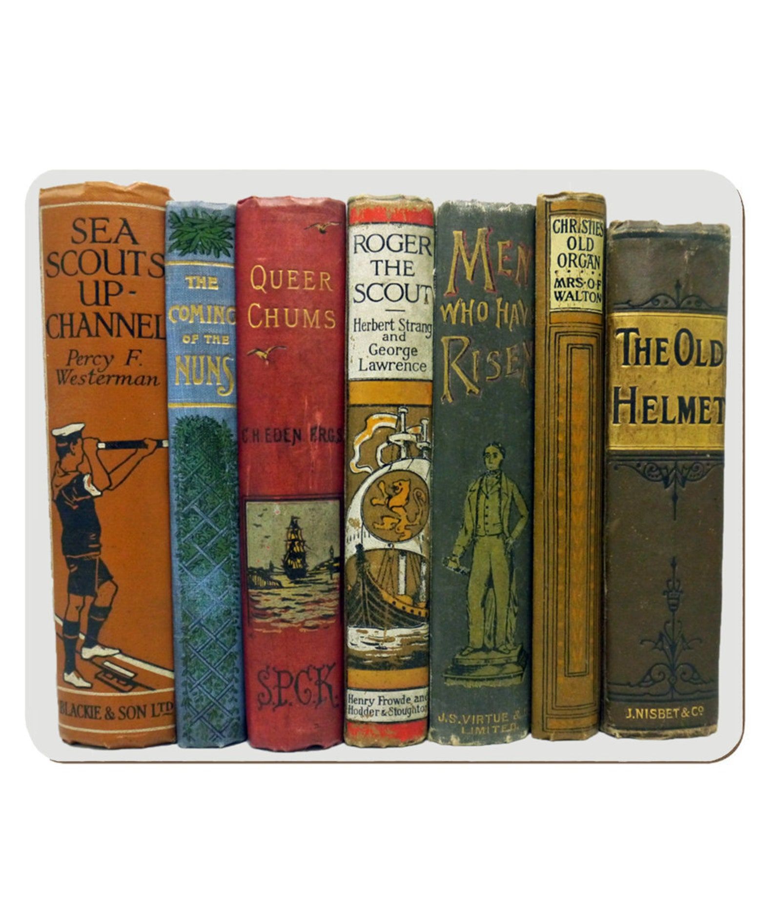 A white placemat with a collection of six vintage books. The titles of these books are, "Scouts up-channel" by Percy F. Westerman. "The Coming of the Nuns," 'Queer Chums," by Charles Henry Eden, W. H. Oberend. "Roger the Scout," by Herbert Stranger and George Lawrence. "Men Who Have Resentment," by James Hogg. "Christie's Old Organ," by Amy Catherine Walton. "The Old Helmet," by J. Nisbet.